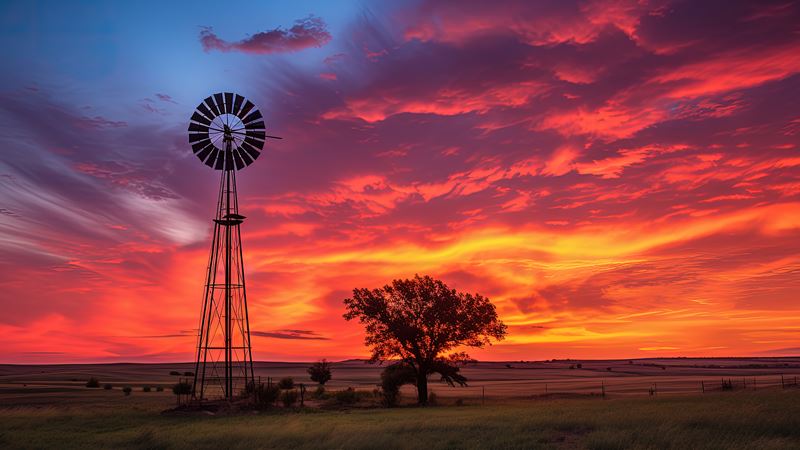 A windmill and tree in a prairie at sun set.